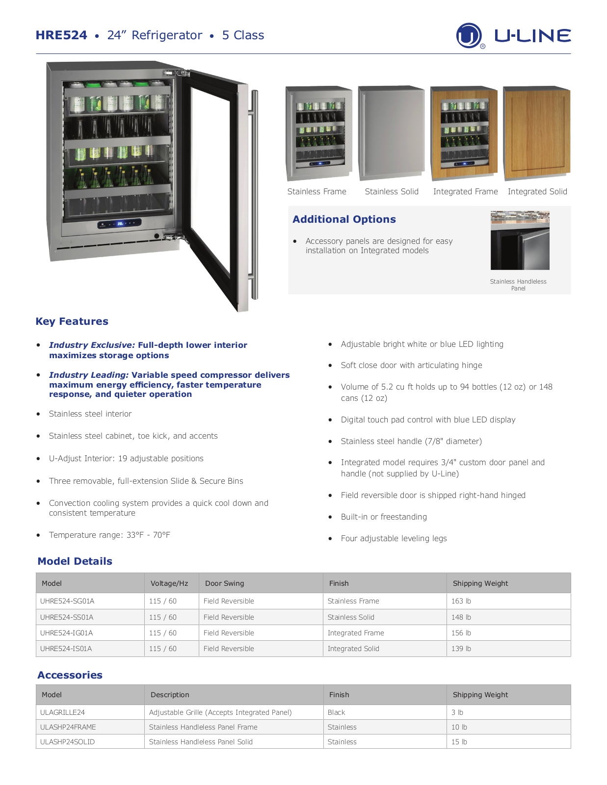 U-Line UHRE524-SG01A, UHRE524-SS01A, UHRE524-IG01A Specifications