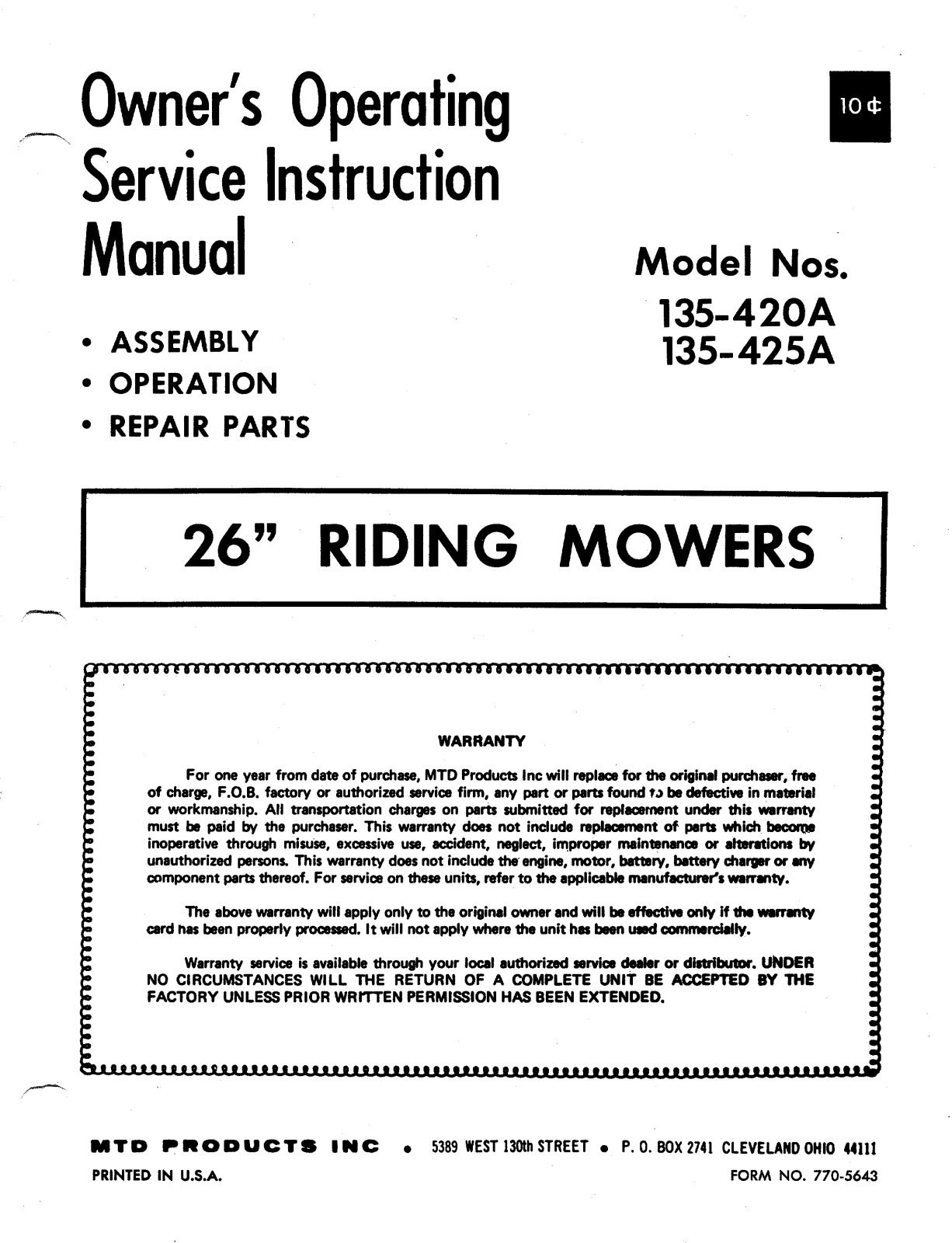 MTD 135-420A, 135-425A User Manual