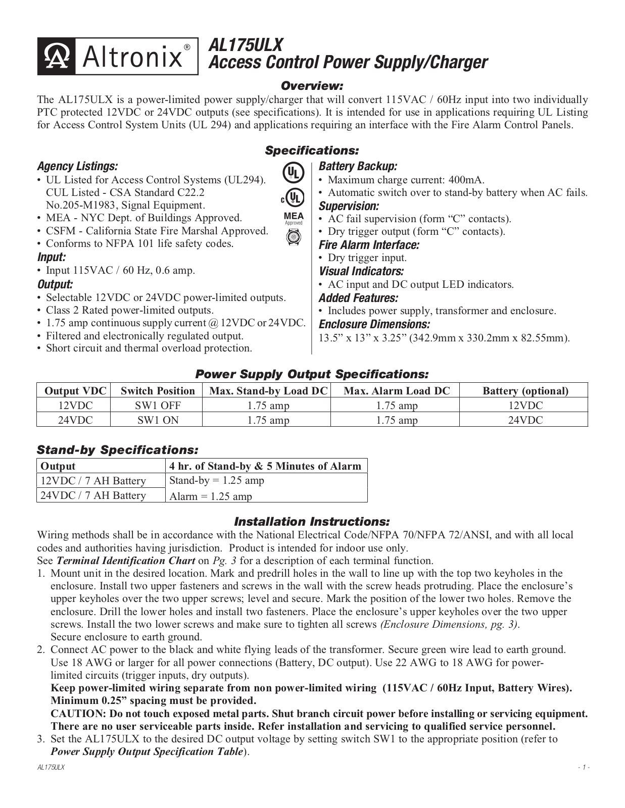 Altronix AL175ULX Installation Manual