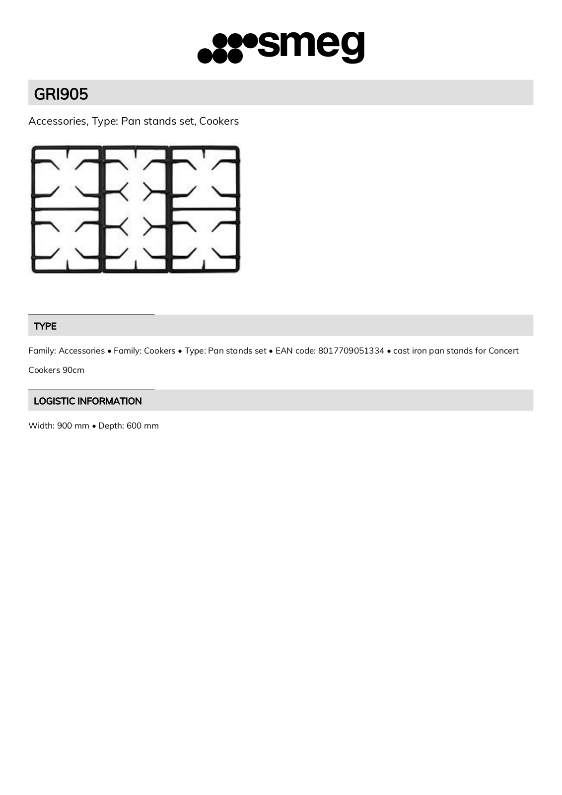 Smeg GRI905 Technical sheet