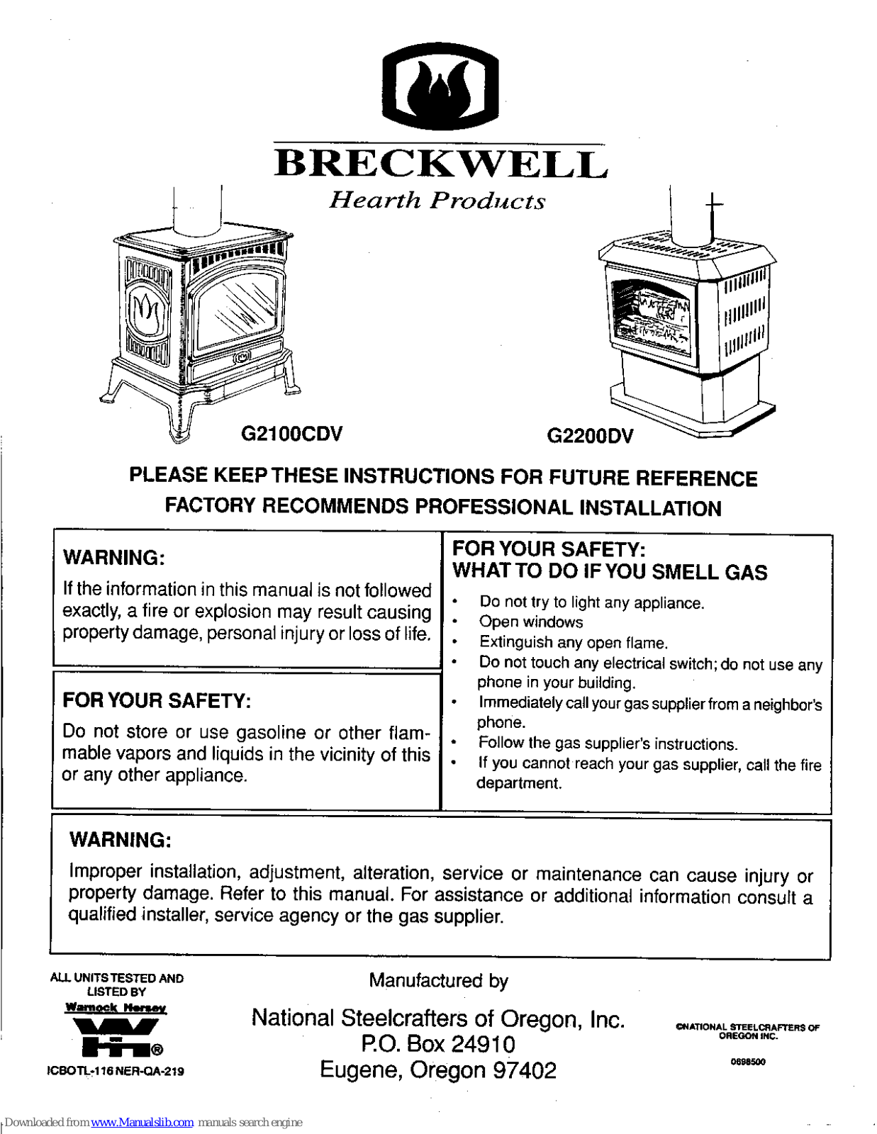 Breckwell G2100CDV, G2200DV Installation Instructions Manual