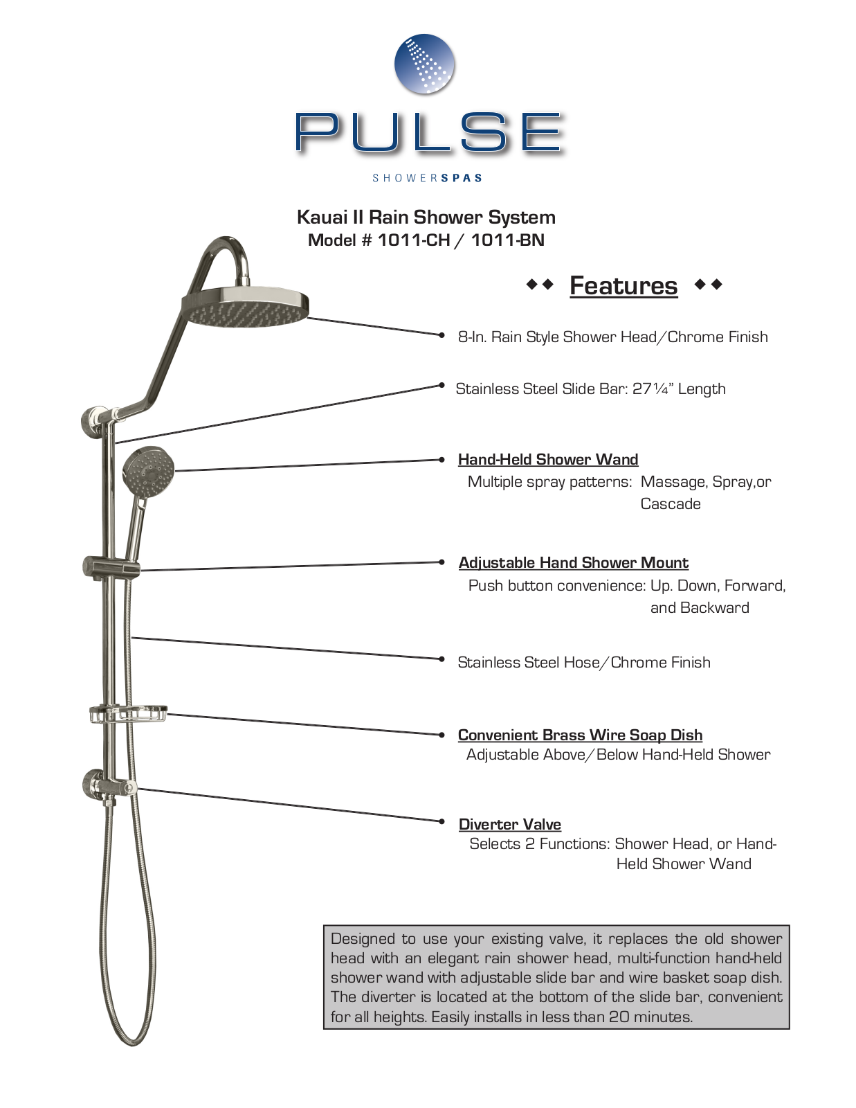 Pulse Shower Spas Kauai II 1011, Kauai II 1011-CH, Kauai II 1011-BN Installation Instructions Manual