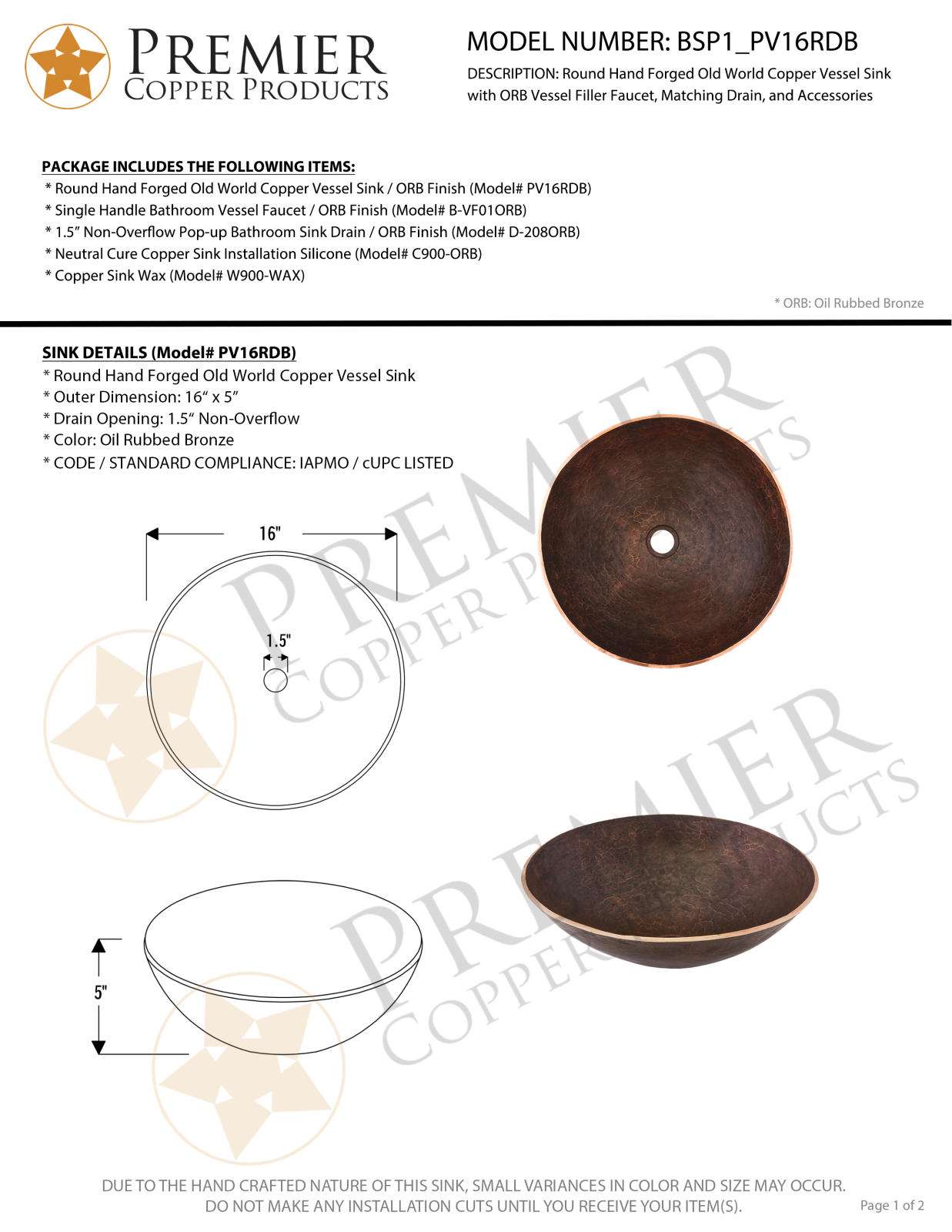 Premier Copper Products IER1444 Specifications - ManualMachine.com