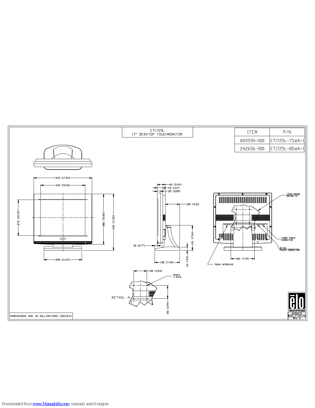 Elo TouchSystems 1725L, E1725L Dimensions