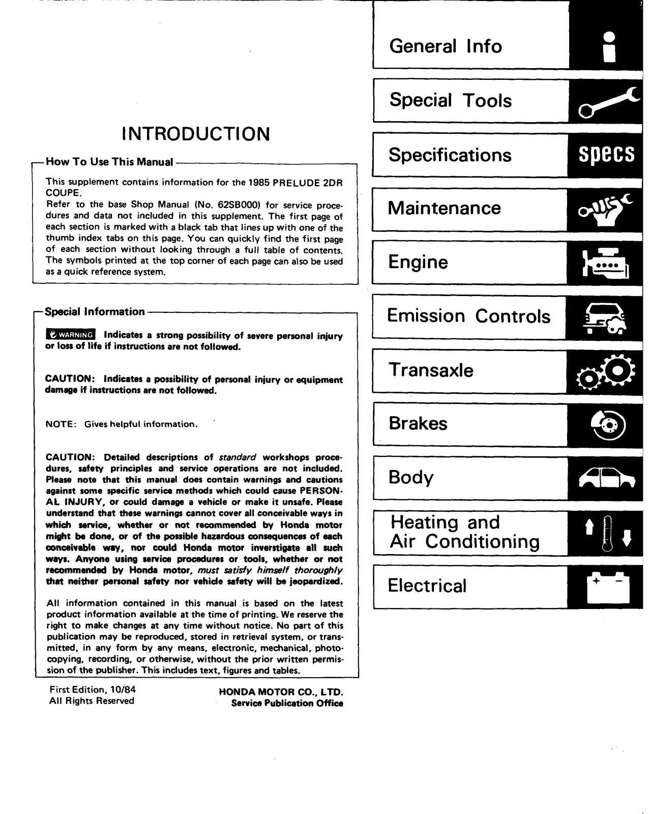 Honda Prelude 1985 User Manual