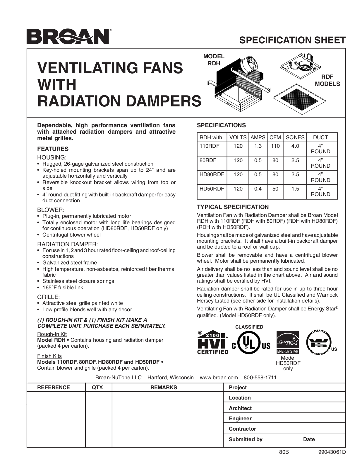 Broan 110rdf, 80rdf, Dh50rdf Specification Data