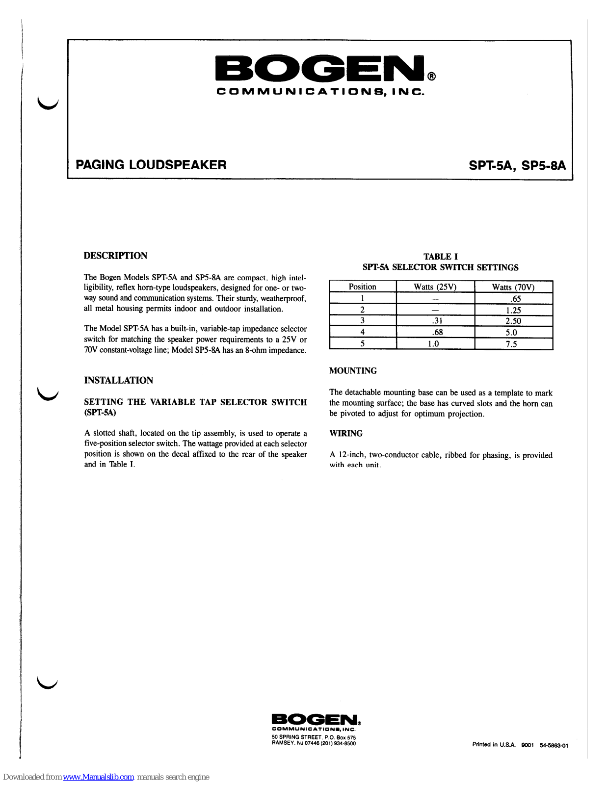 Bogen SPT-5A, SPT-8A Install Manual