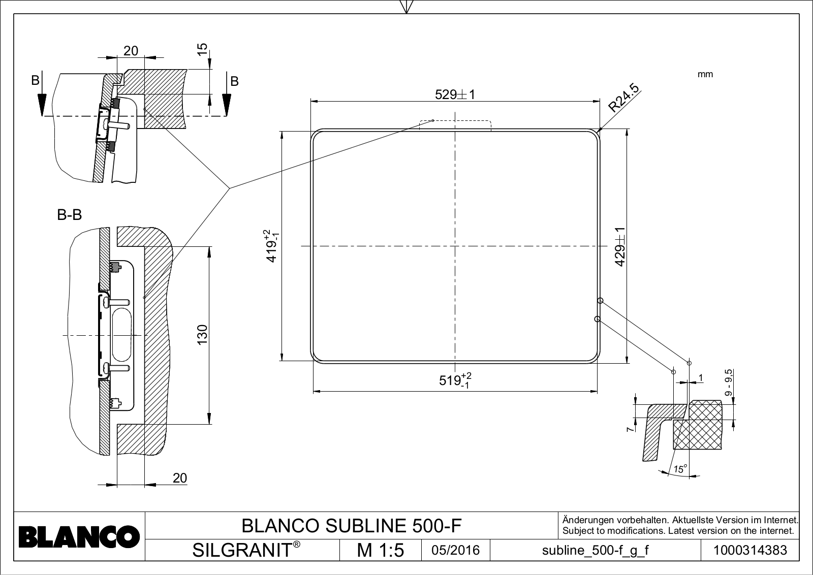 Blanco Subline 500-F Technical drawing