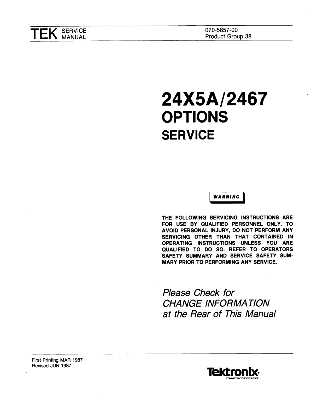 Tektronix Option 10, Option 09, Option 06, Option 05, Option 01 Service Manual