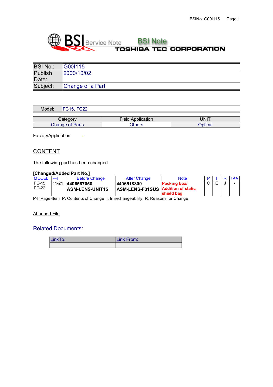 Toshiba G00I115 Service Note