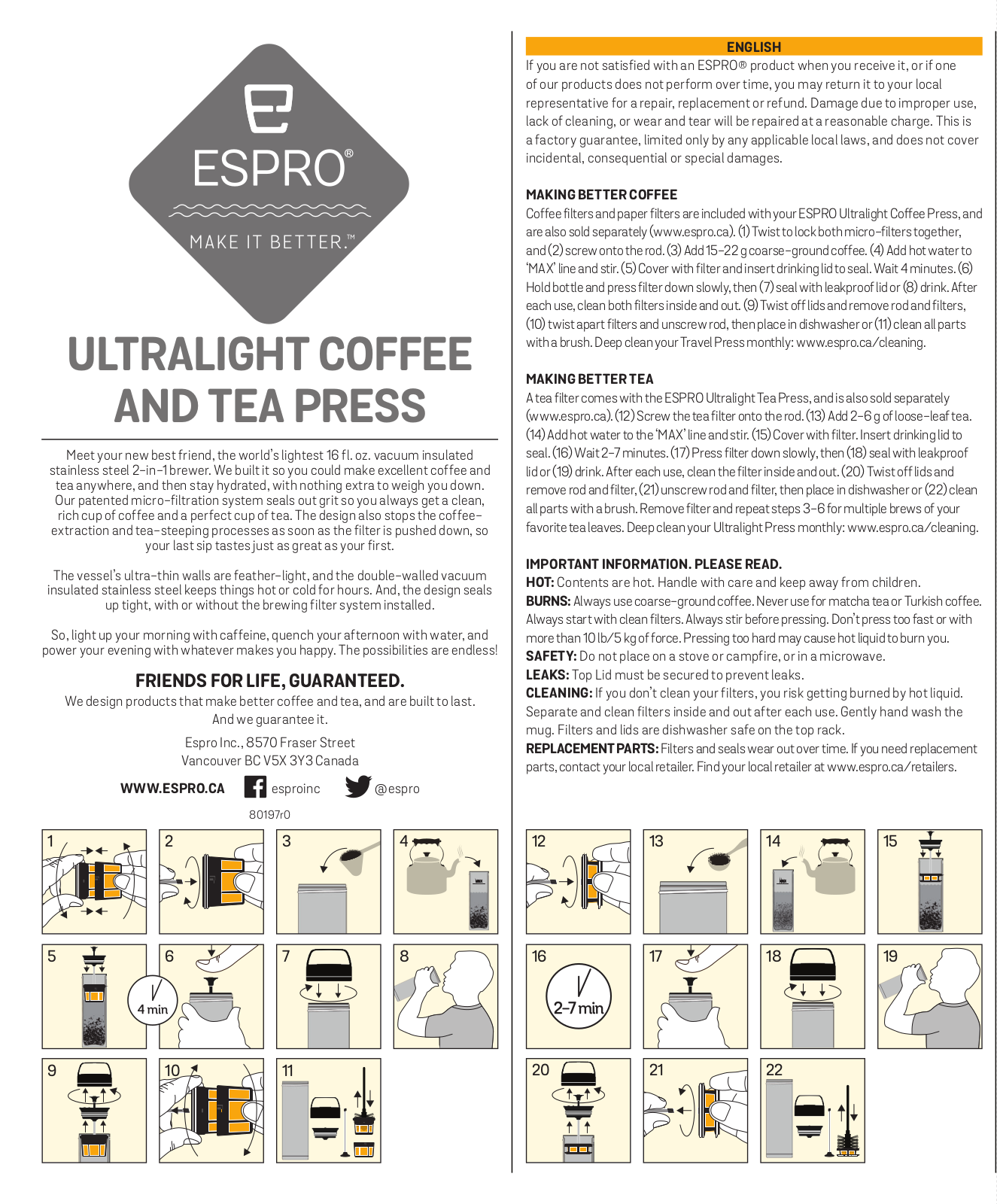 ESPRO ULTRALIGHT COFFE AND TEA PRESS Quick Start Manual