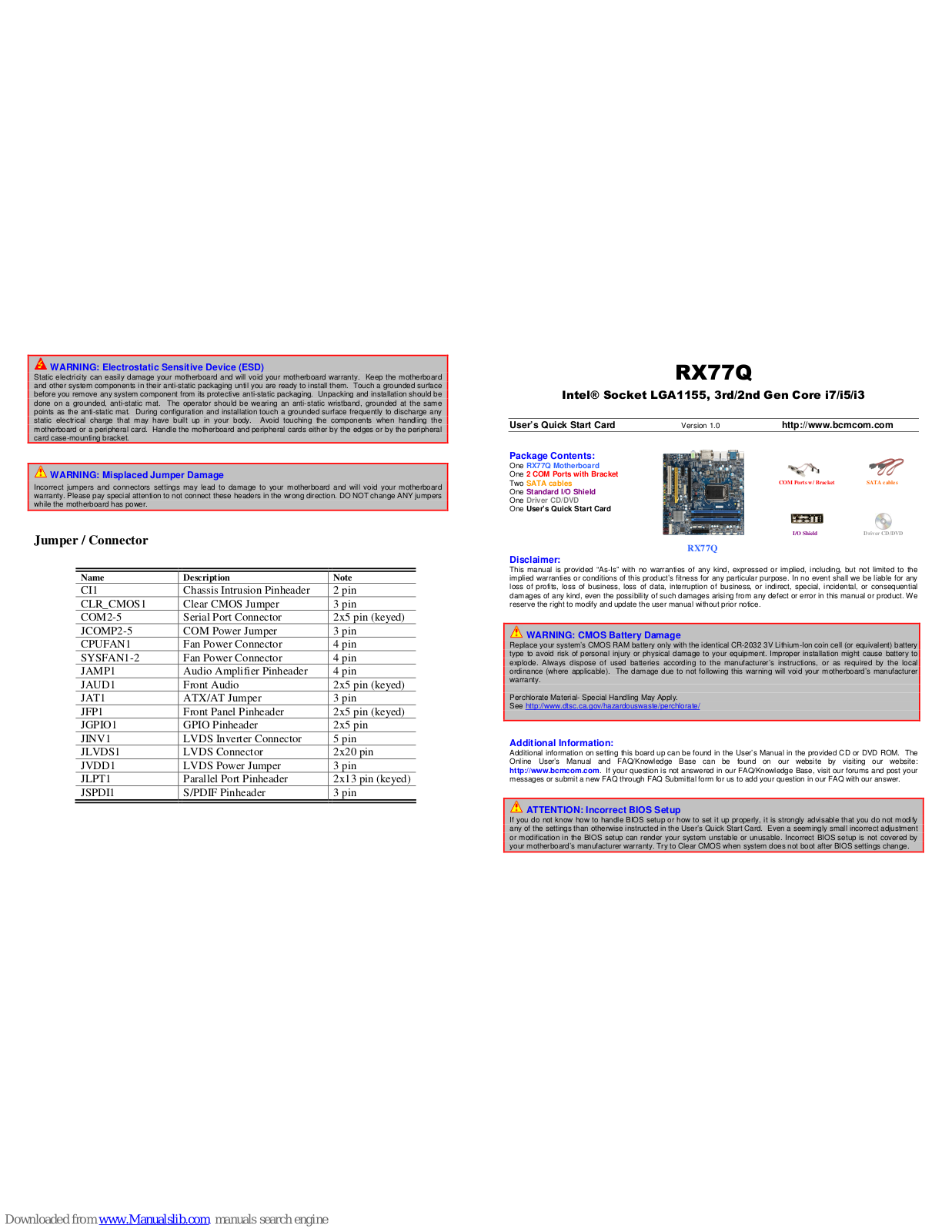 BCM RX77Q User's Quick Start Card - ManualMachine.com