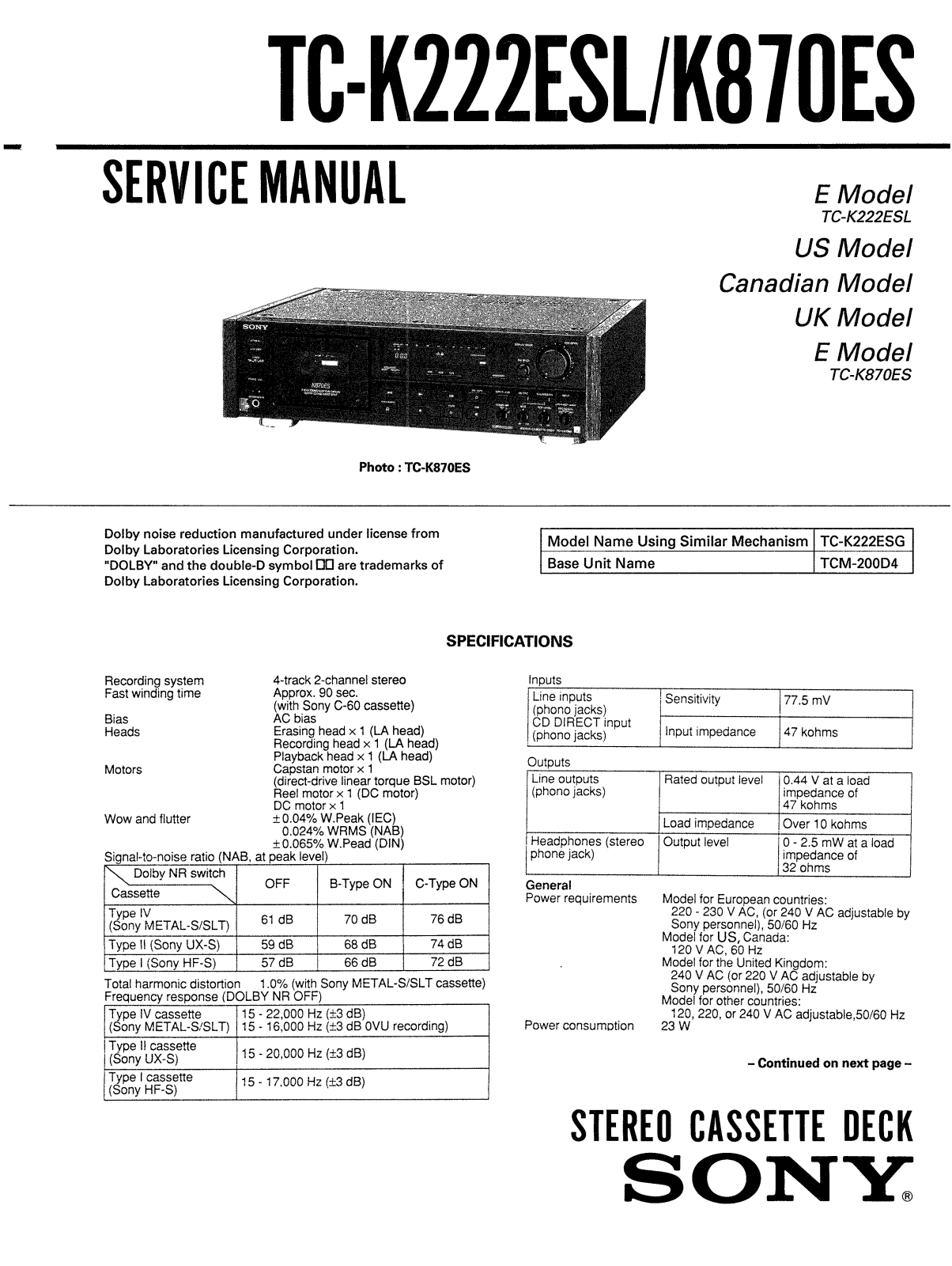 Sony TCK-222-ESL, TCK-870-ES Service manual