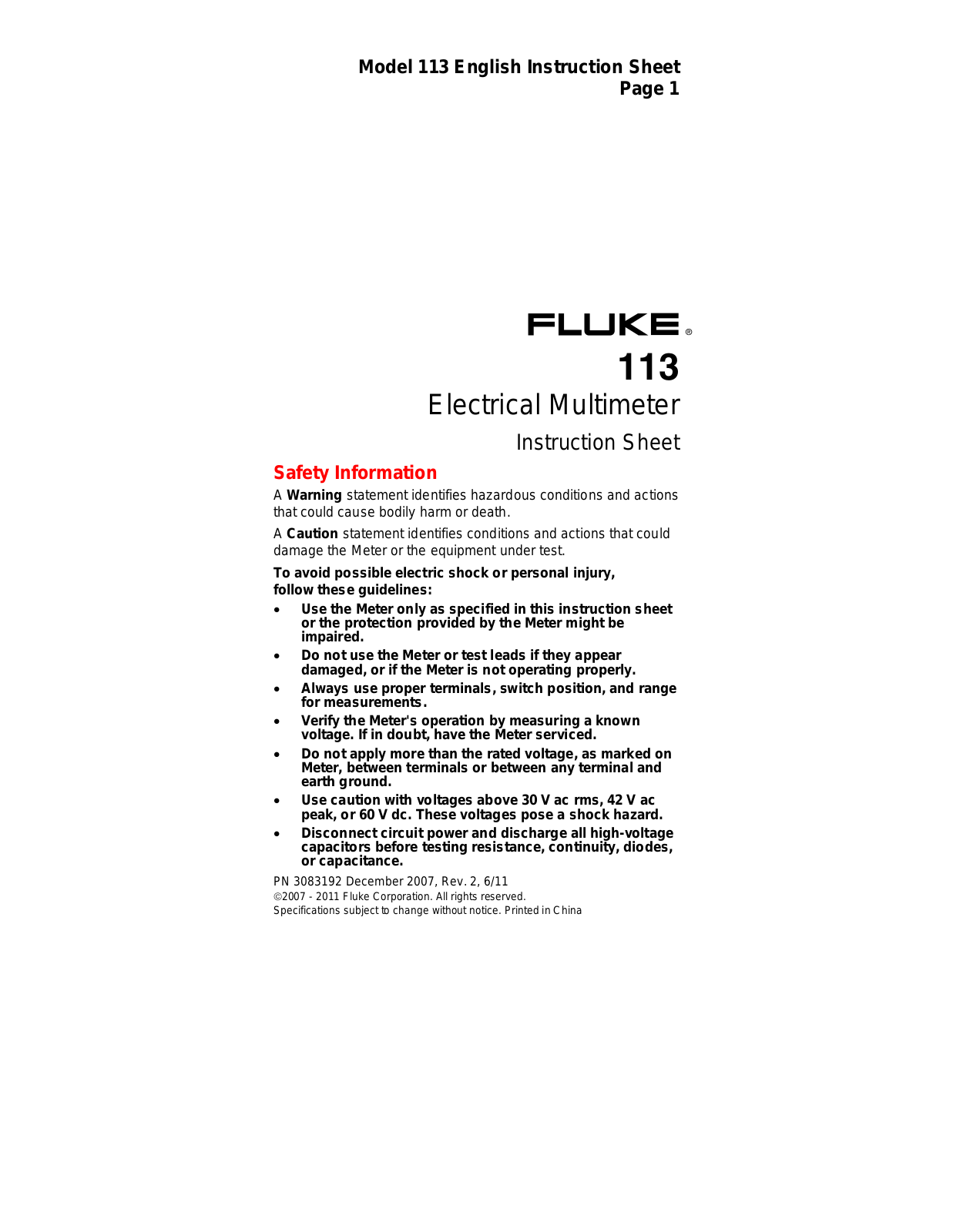 Fluke 113 Operating Manual