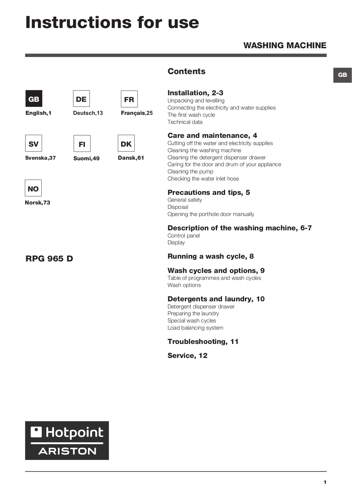 Hotpoint RPG 965 DX EU User Manual