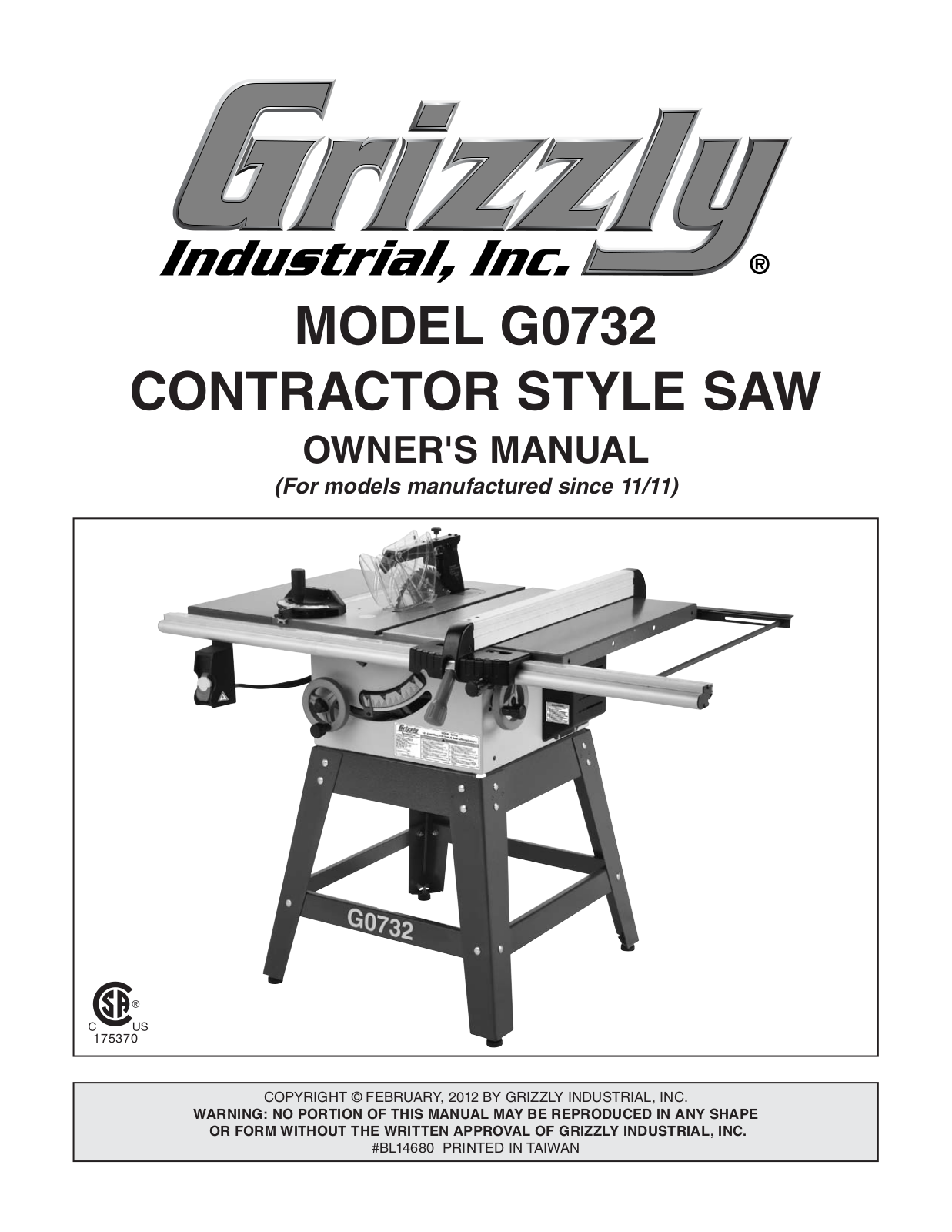 Grizzly G0732 User Manual