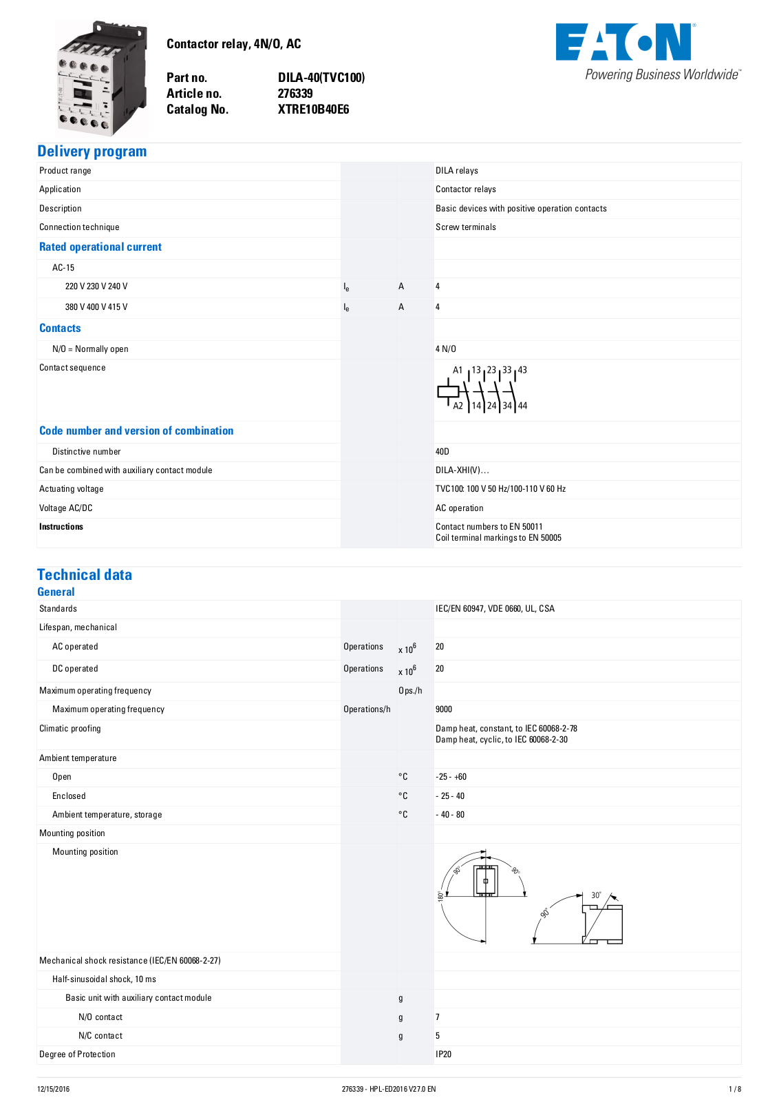 Klockner-Moeller, Div of Eaton Corp. DILA-40(TVC100) Data Sheet