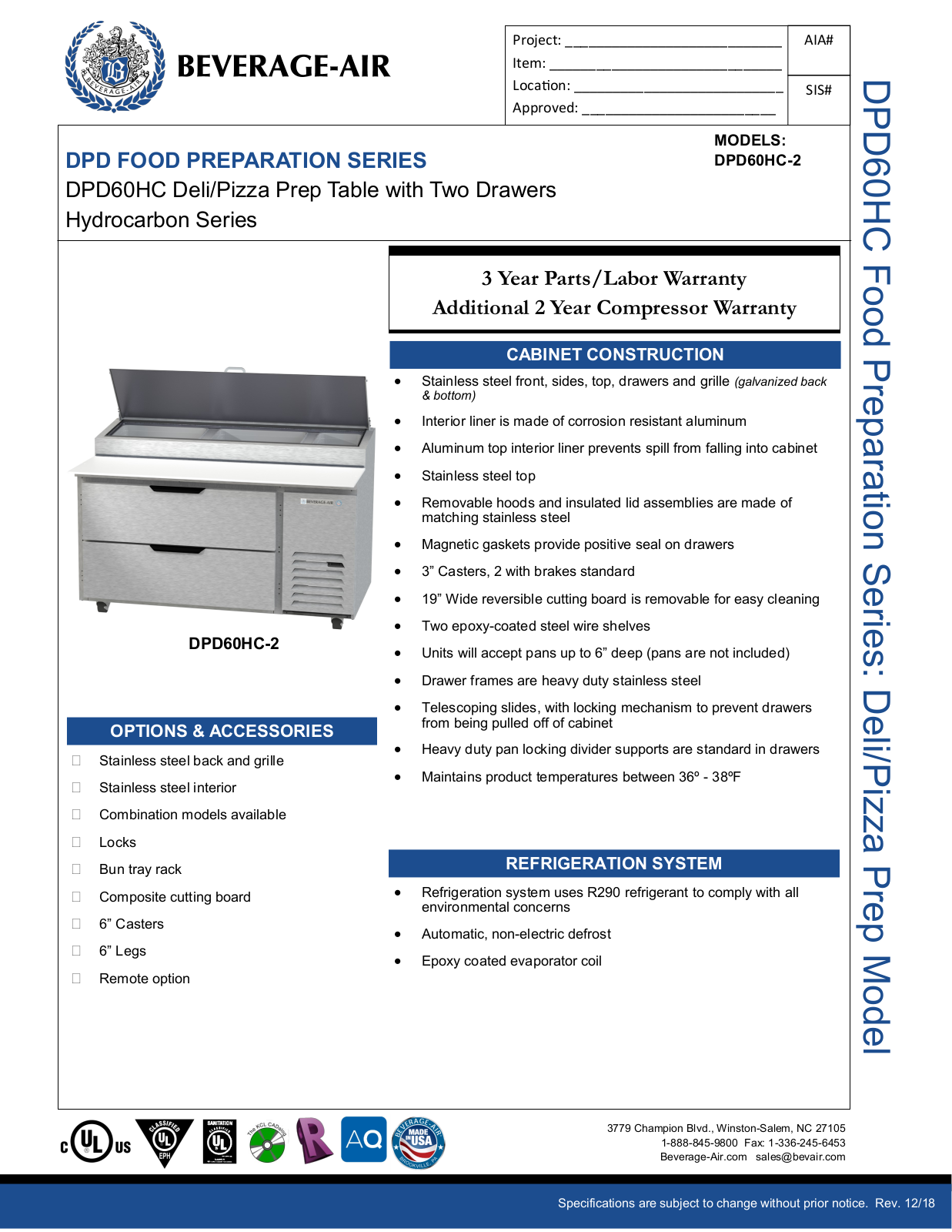 Beverage-Air DPD60HC2 Specifications