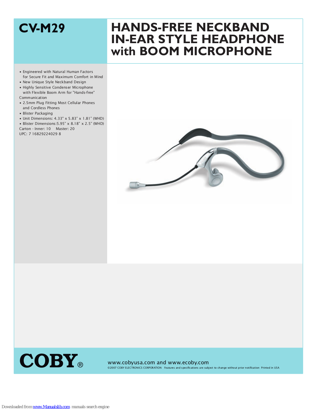 Coby CV M29 Specification Sheet