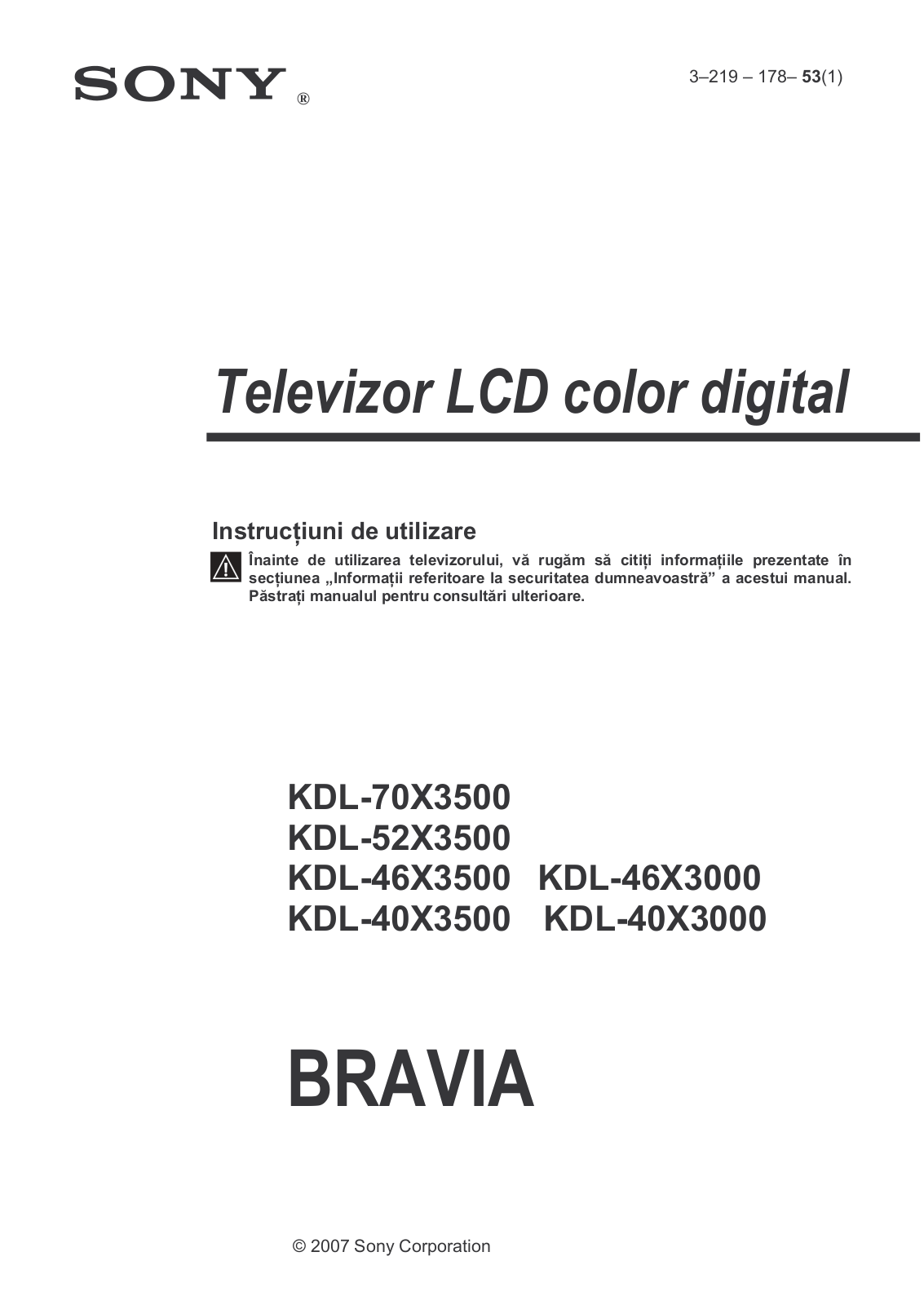 Sony KDL-70X3500, KDL-52X3500, KDL-46X3500, KDL-46X3000, KDL-40X3500 User Manual