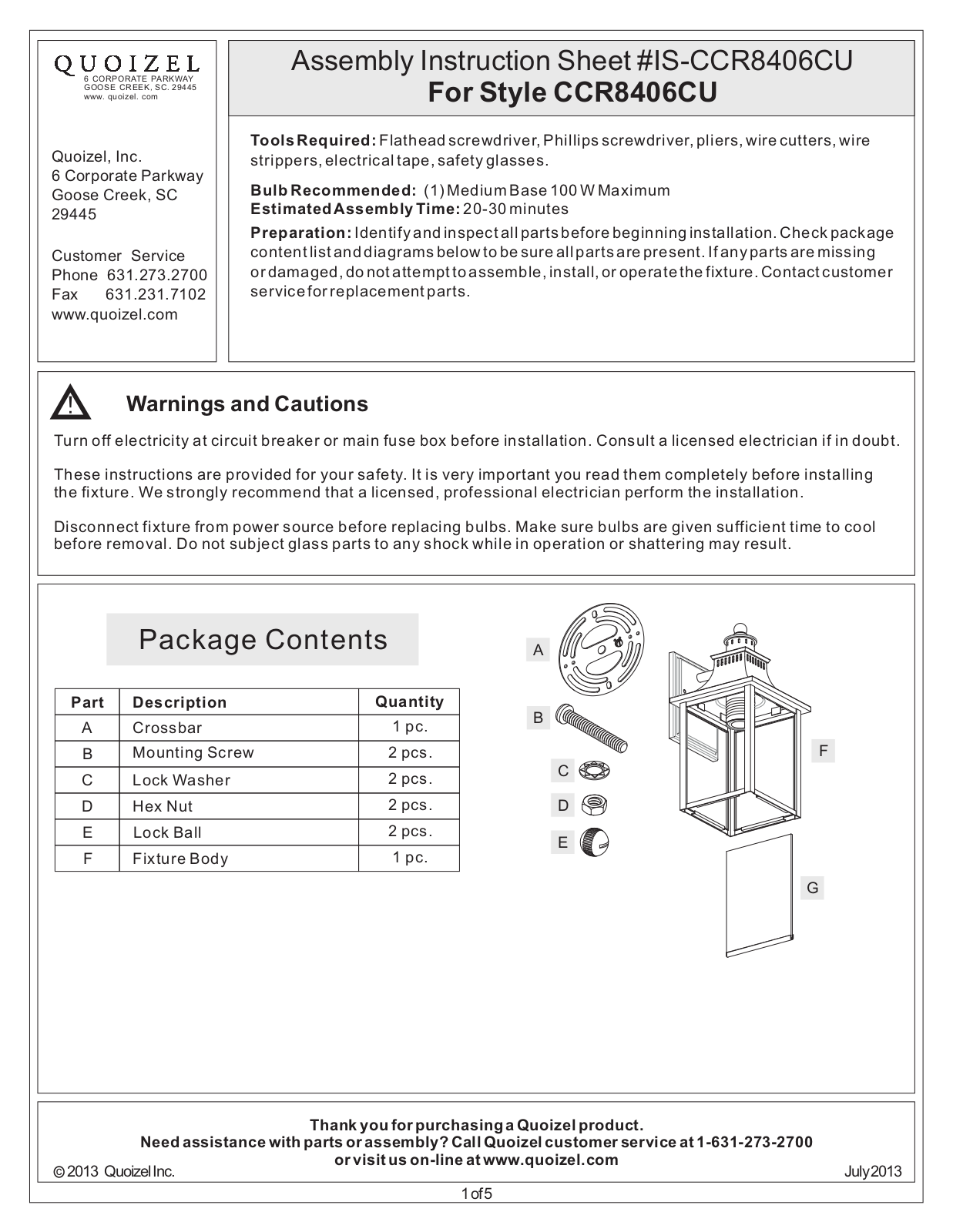 Quoizel CCR8406CU User Manual