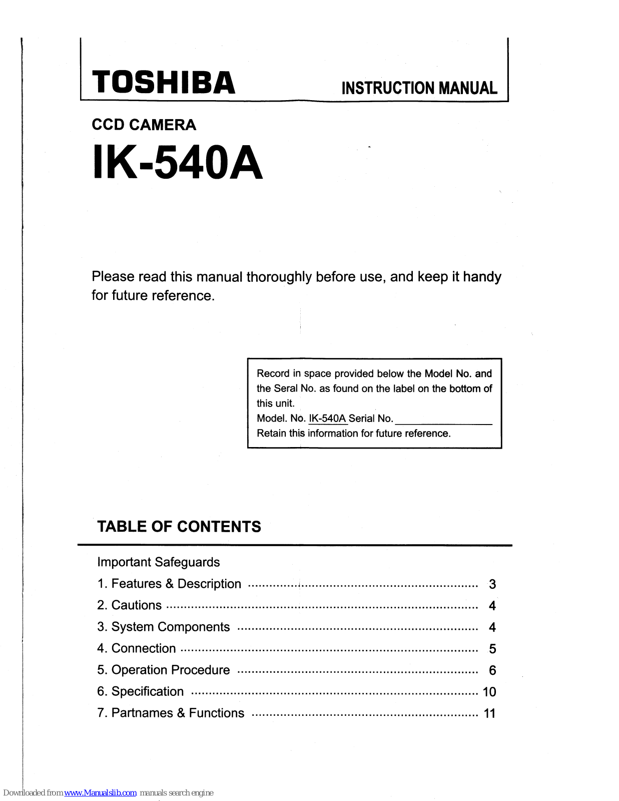 Toshiba IK-540A Instruction Manual