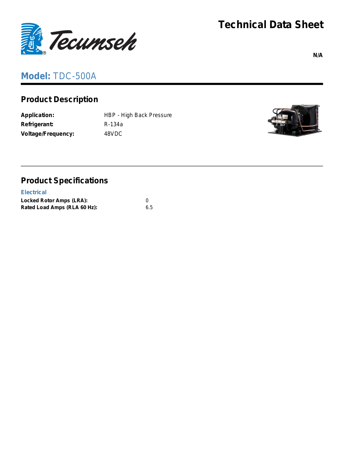 Tecumseh TDC-500A Technical Data Sheet