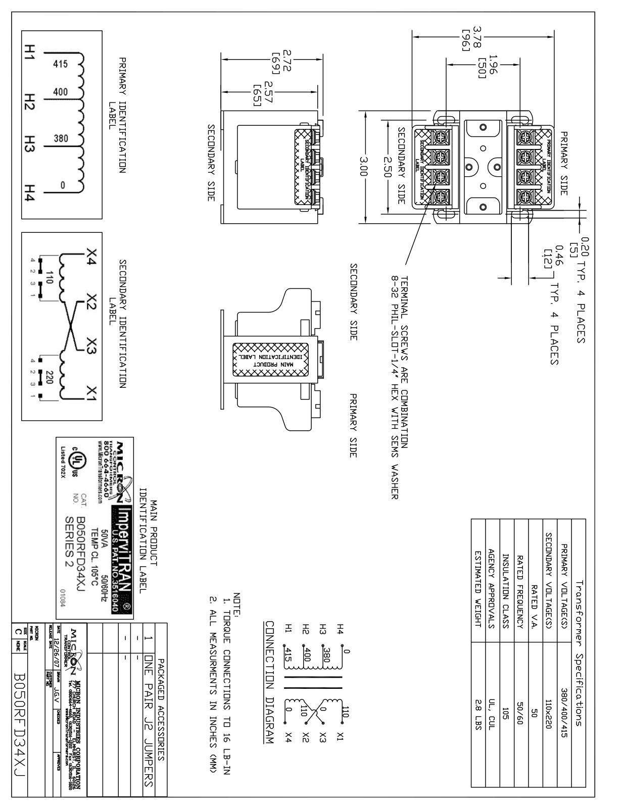 Micron Industries B050RFD34RJ Specification Sheet