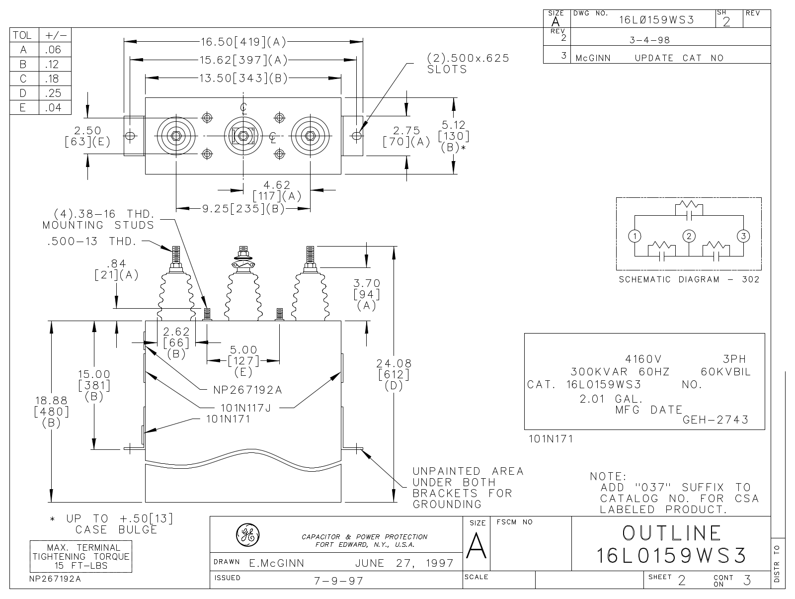 GE Capacitor 16L0159WS3 Dimensional Sheet