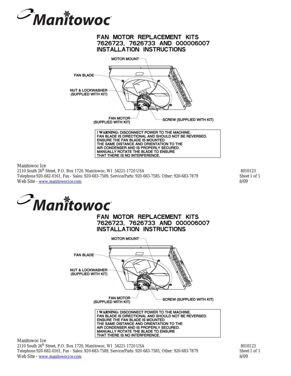 Manitowoc Ice 7626733, 6007, 7626723 User Manual