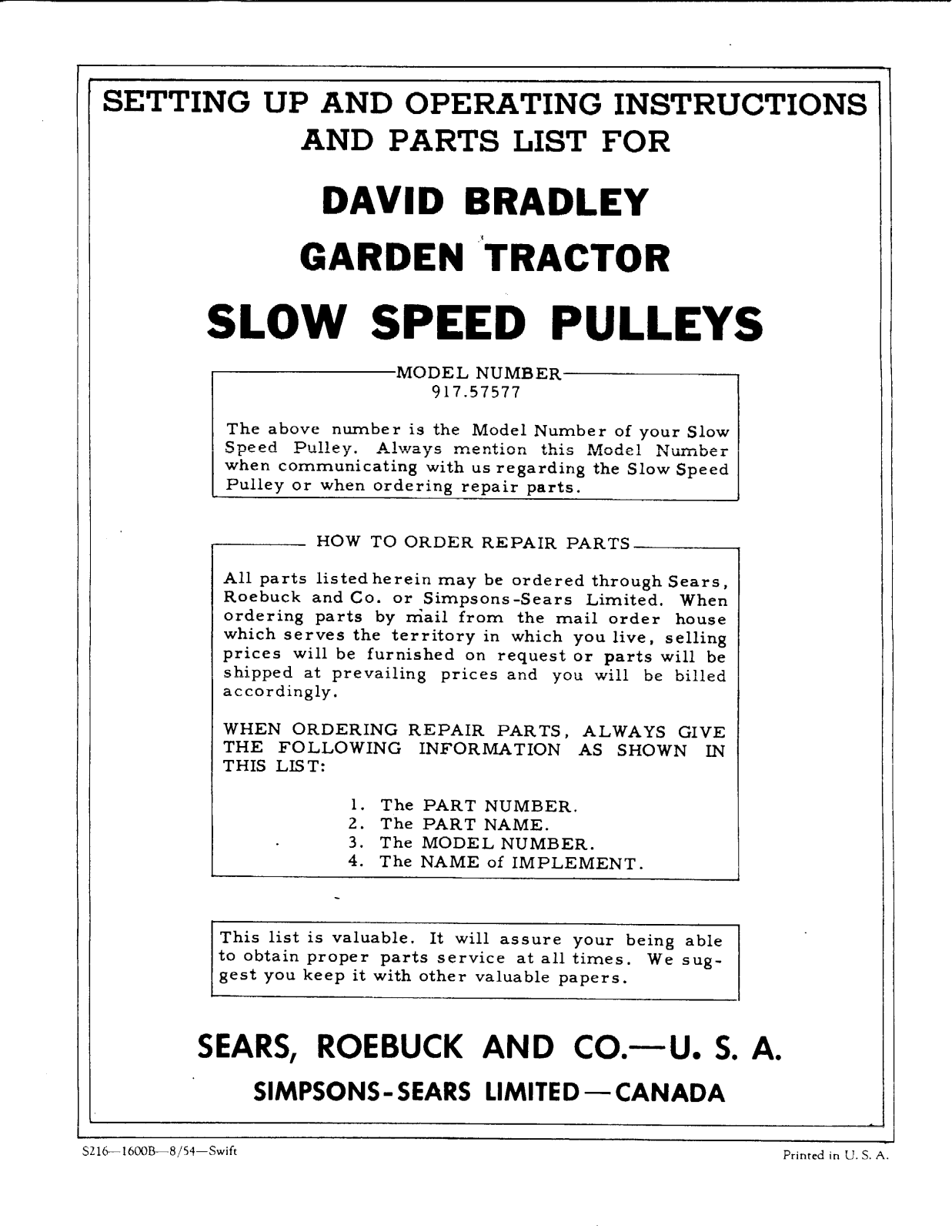 David Bradley 917.57577 Operating instructions