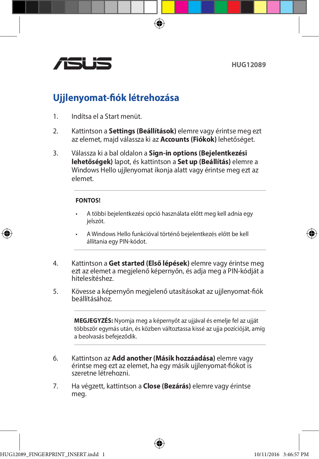 Asus UX390UA Fingerprint Identification Setting