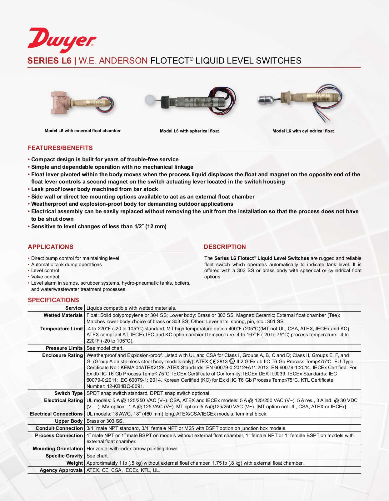 Dwyer Instruments SERIES L6 Data Sheet