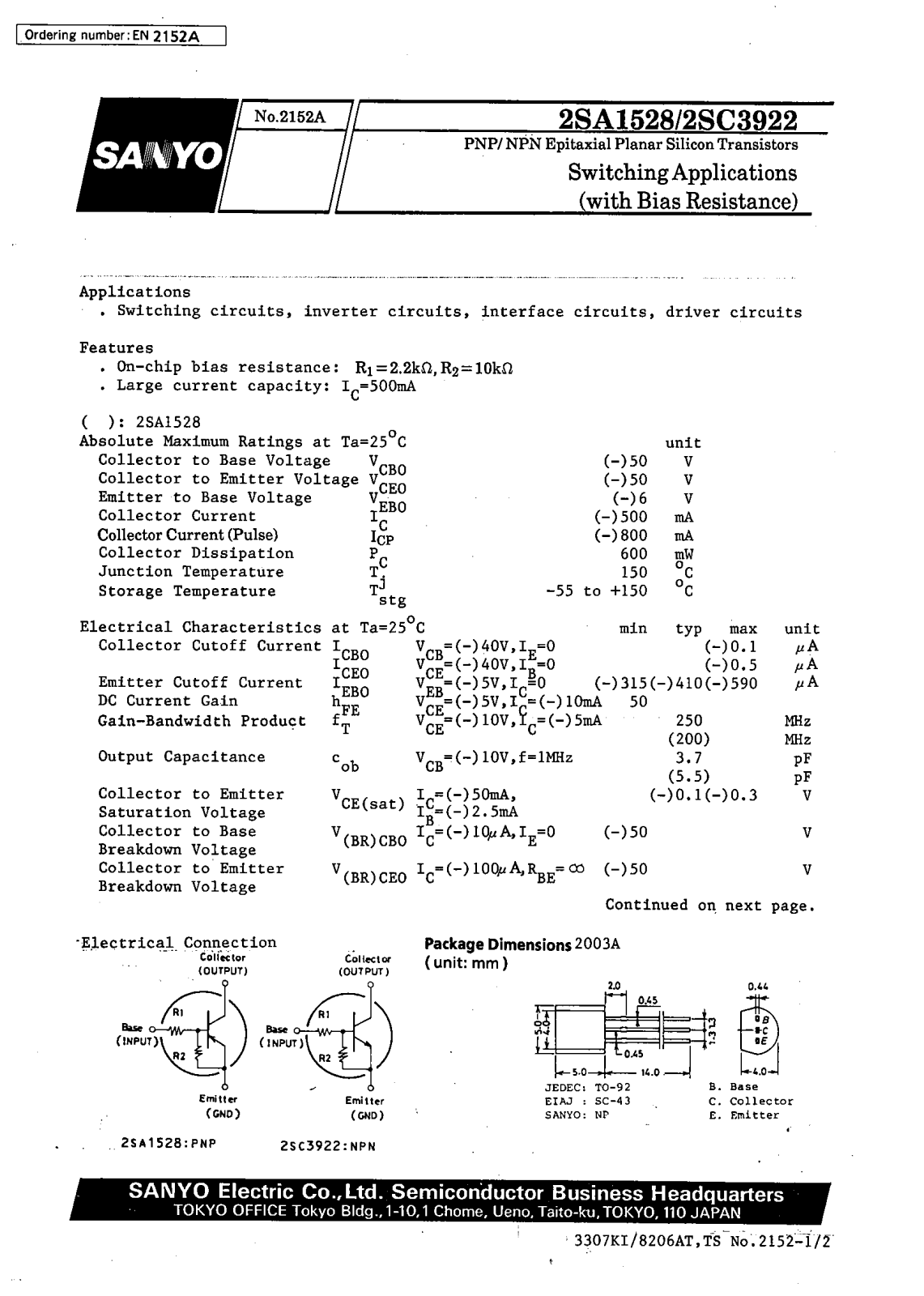 SANYO 2SC3922, 2SA1528 Datasheet