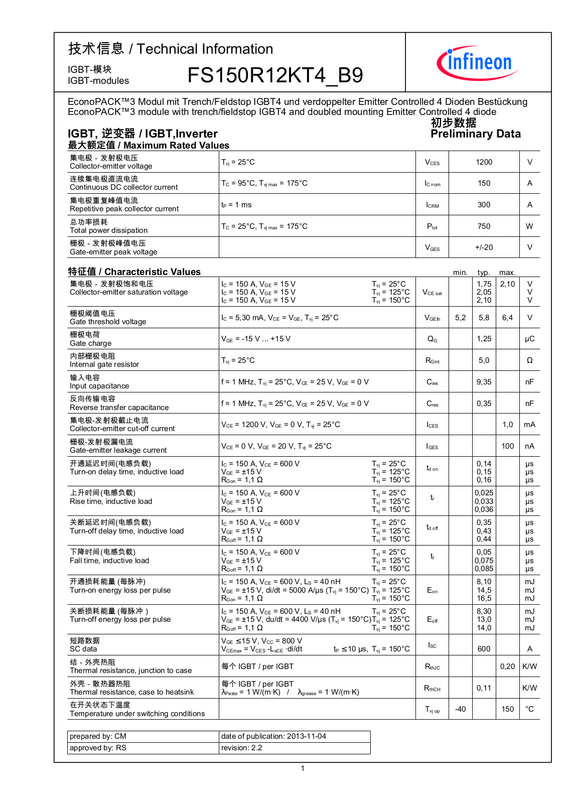 Infineon FS150R12KT4-B9 Data Sheet