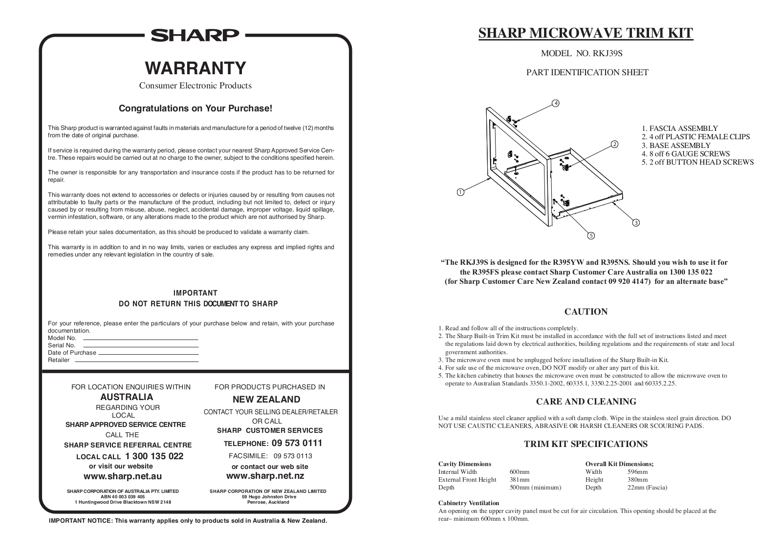 Sharp RKJ39S User Manual