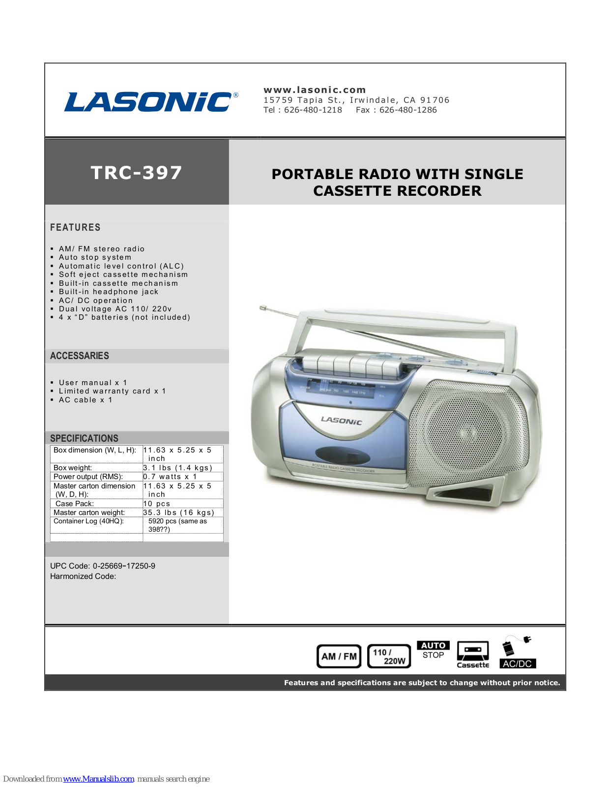 Lasonic TRC-397 Specifications