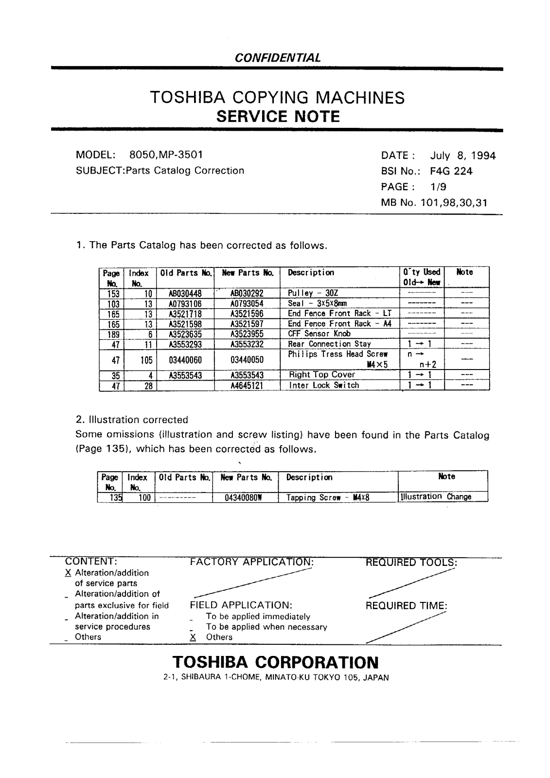 Toshiba f4g224 Service Note