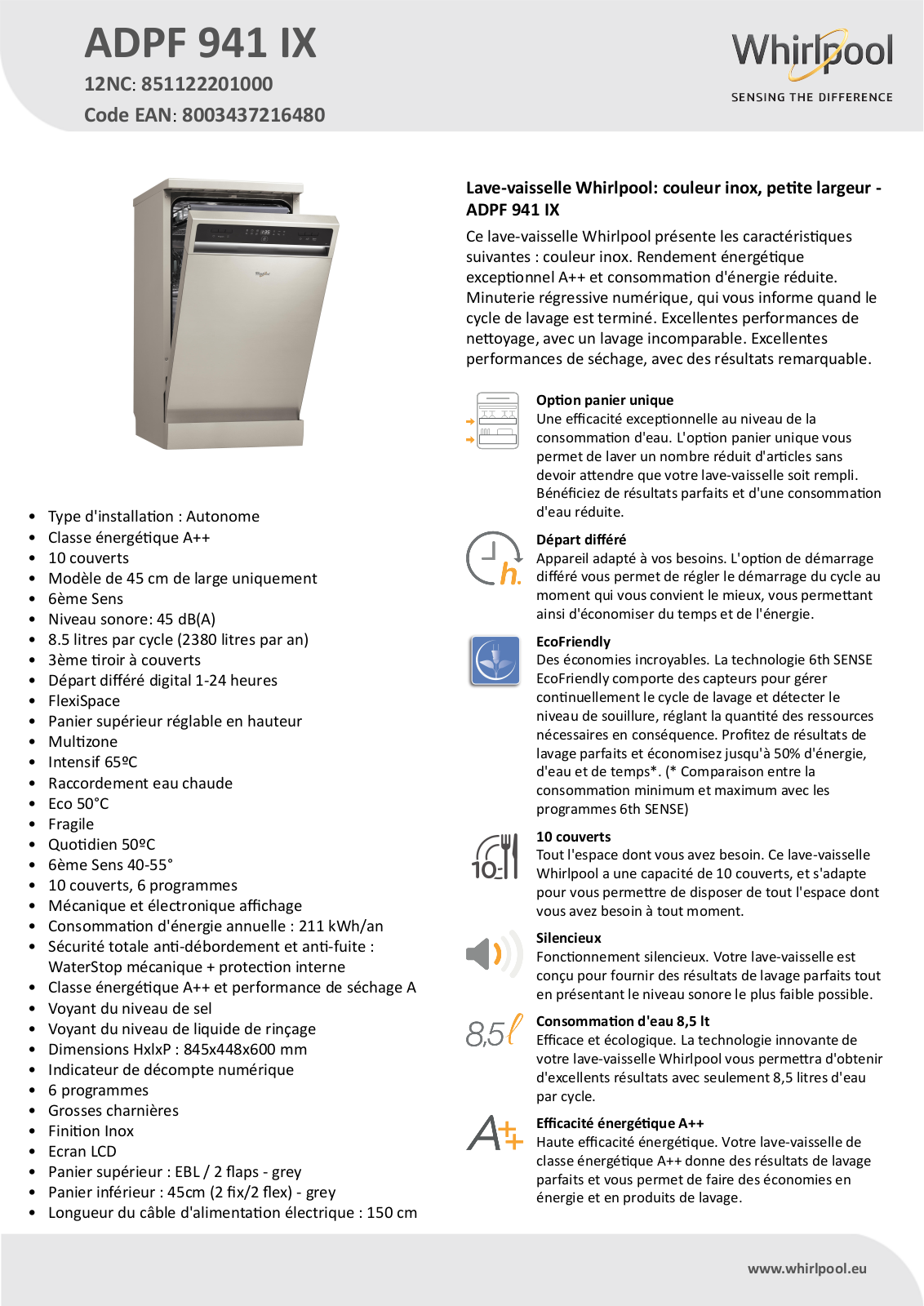 Whirlpool ADPF 941 IX Product information