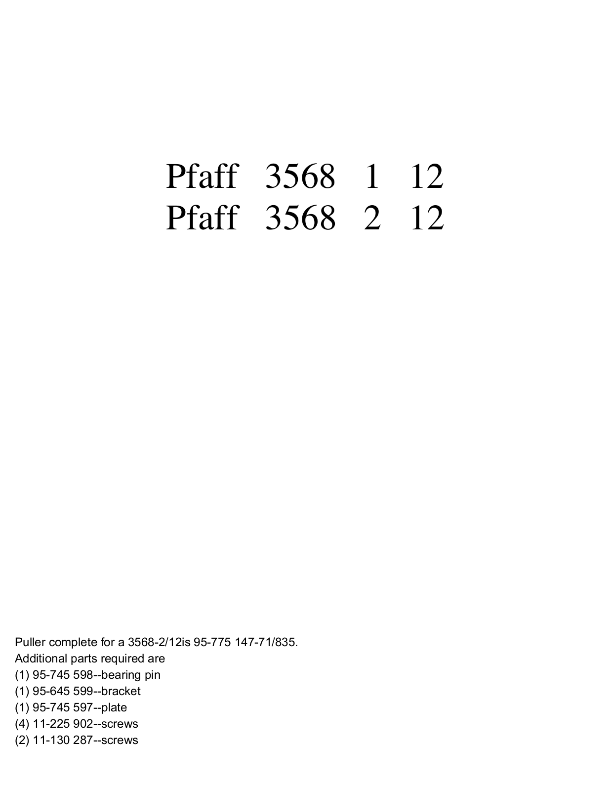 Pfaff 3568-1/12, 3568-2/12 Parts List