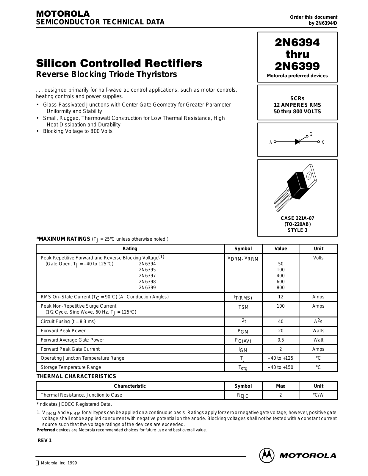 Motorola 2N6399, 2N6398, 2N6397, 2N6395, 2N6394 Datasheet