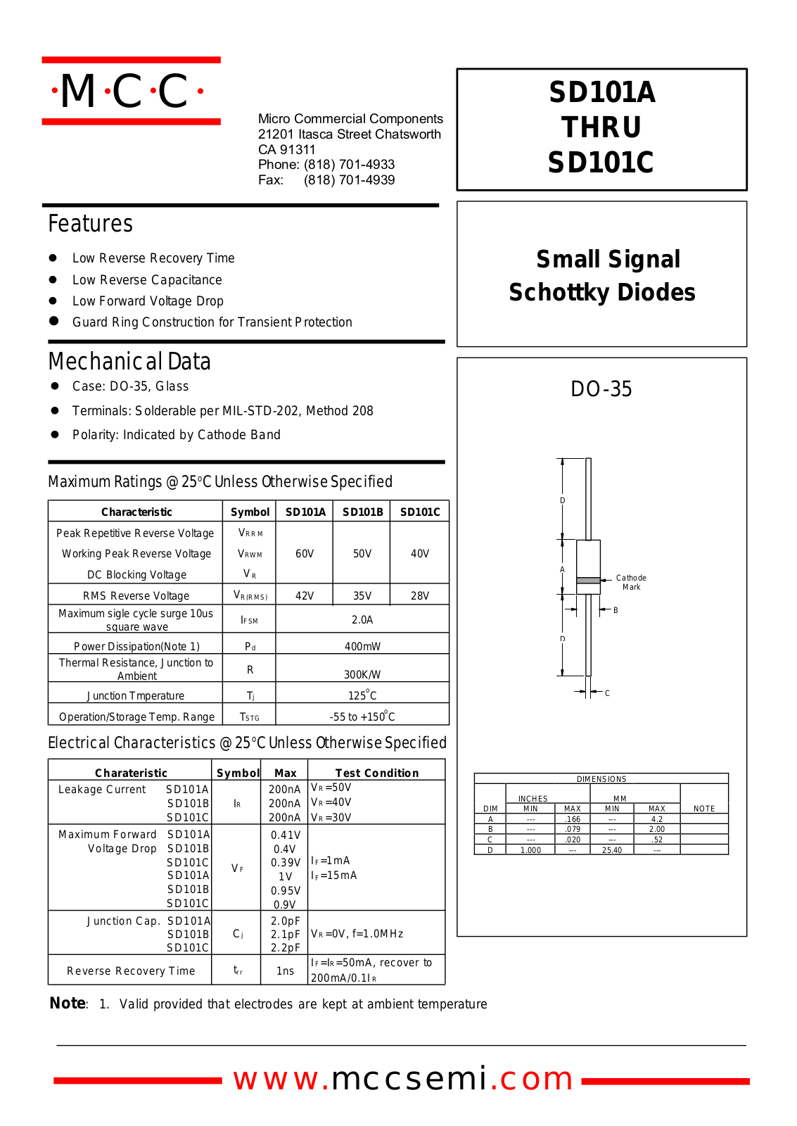 MCC SD101A, SD101C, SD101B Datasheet