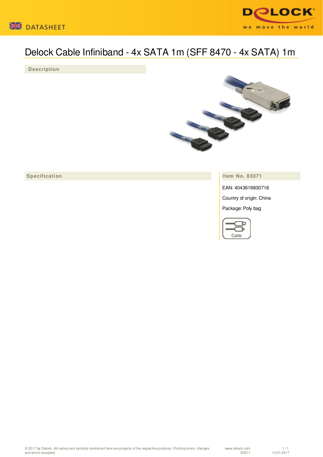 DeLOCK InfiniBand SFF-8470 auf 4x SATA Kabel, 1m User Manual