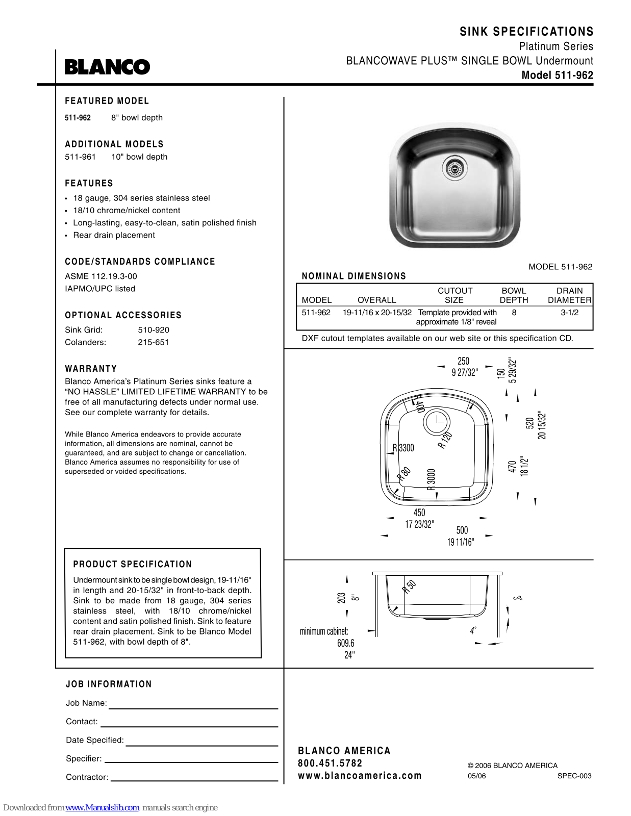 Blanco 511-961 Specification Sheet - ManualMachine.com