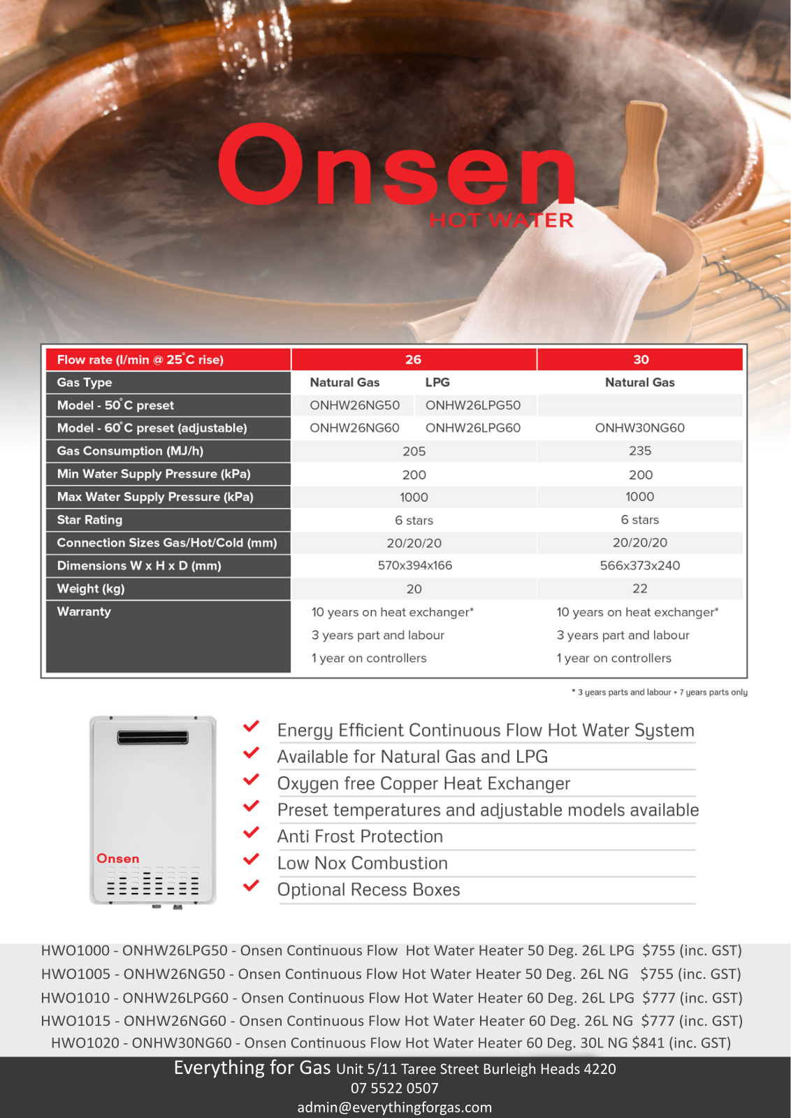 Onsen ONWH26LPG60, ONHW30NG60, ONHW26NG50, ONHW26NG60, ONHW26LPG50 Specifications Sheet