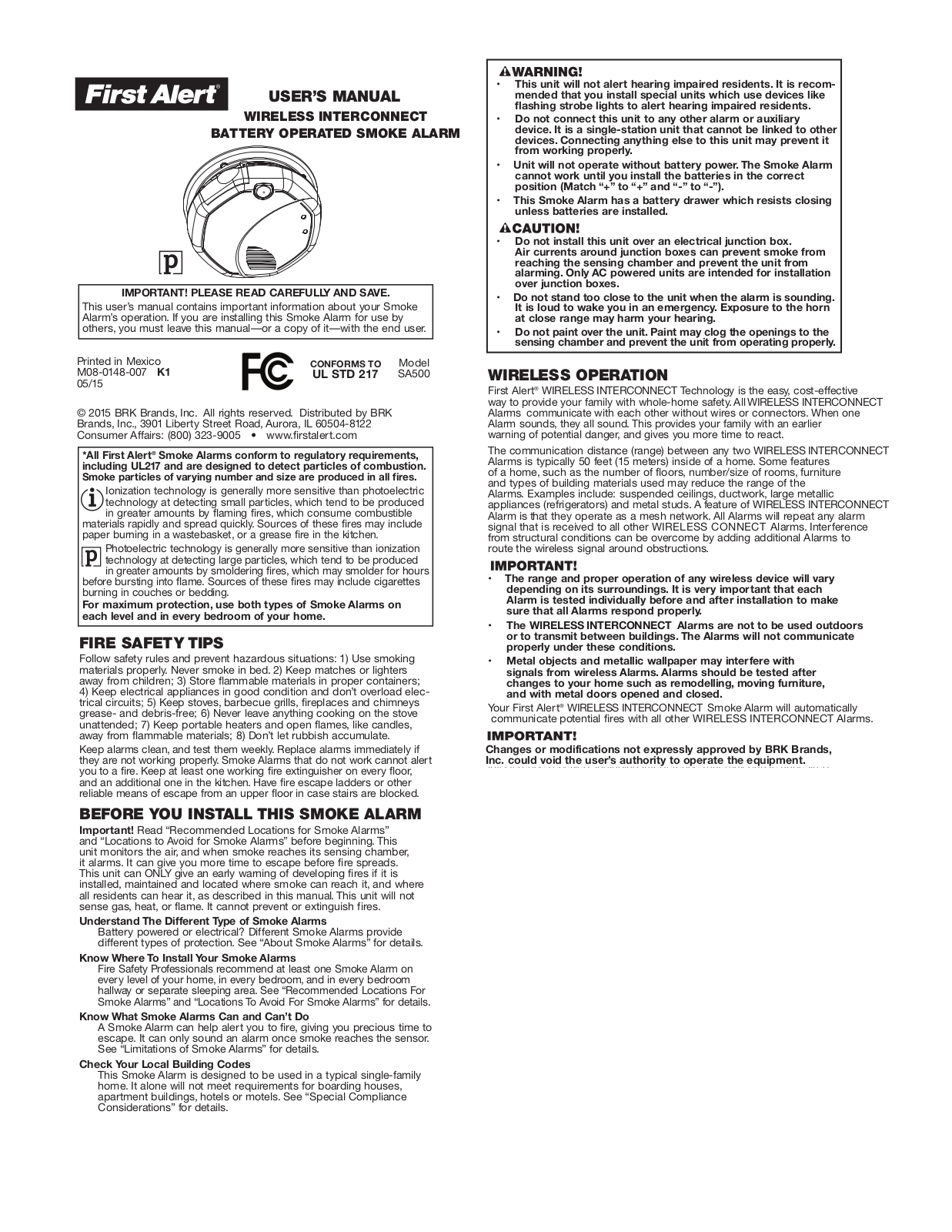 First Alert SA500 User Manual