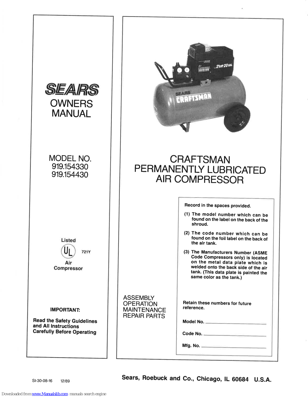 Sears Craftsman 919.154330,Craftsman 919.154430 Owner's Manual