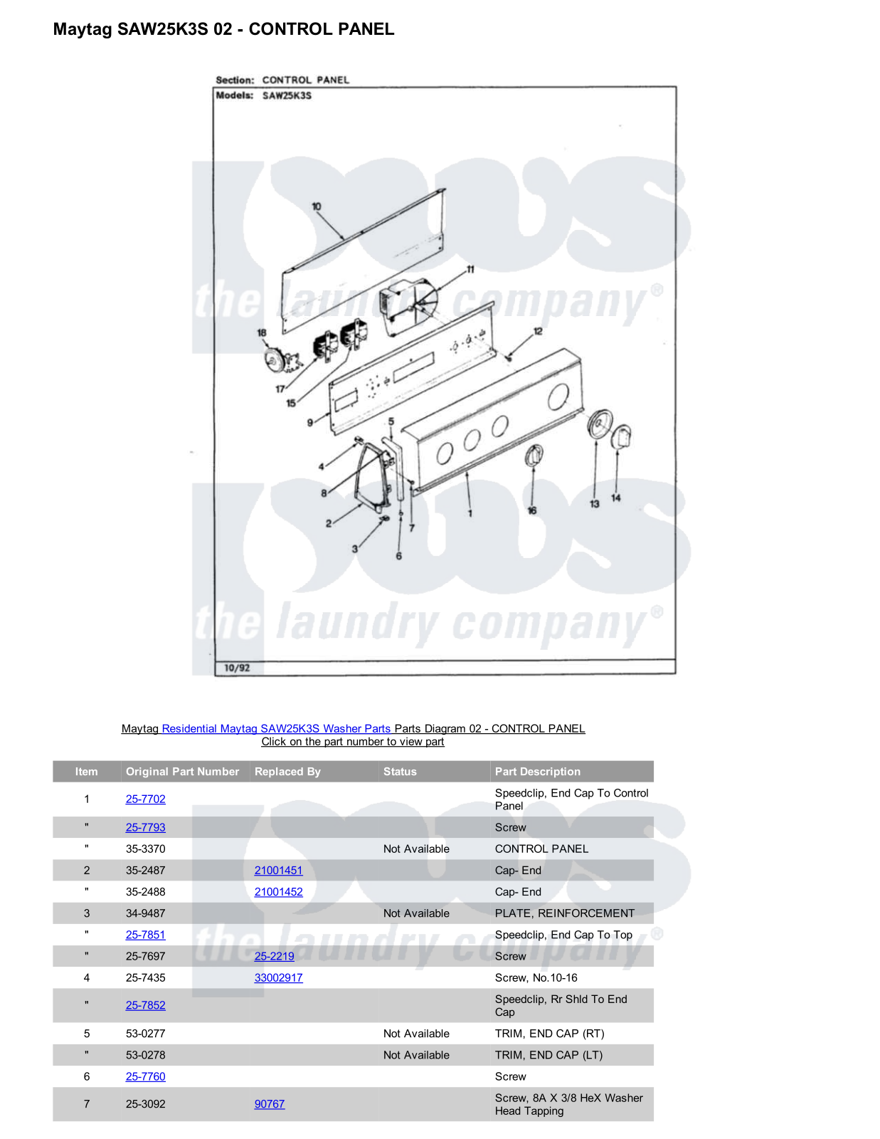 Maytag SAW25K3S Parts Diagram