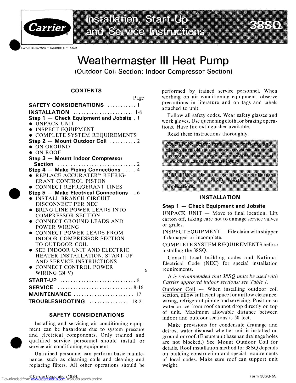 Carrier 38SQ036, 38SQ, 38SQ042, 38SQ048, 38SQ940 Installation, Start-up And Service Instructions Manual