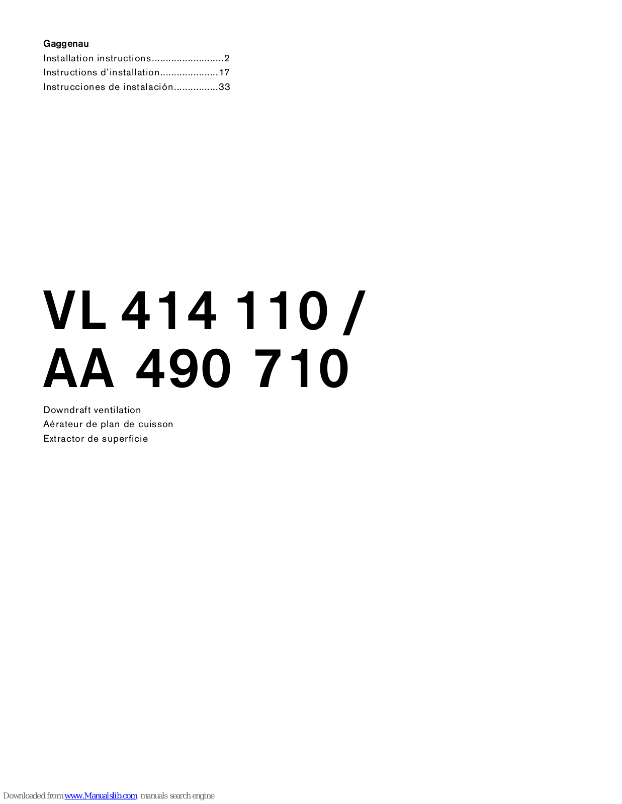 Gaggenau VL 414 110, AA 490 710 Installation Instructions Manual